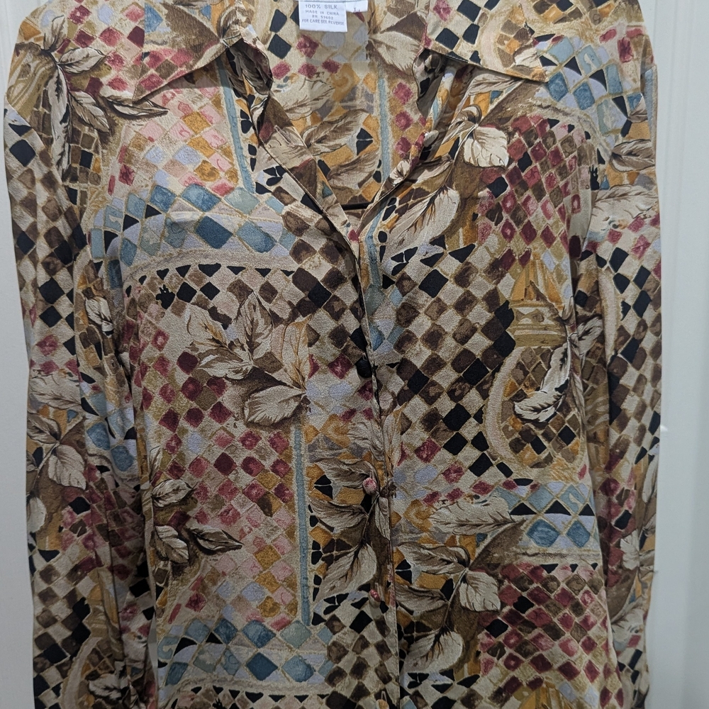 Vintage TESS 100% Sillk  Multicolor Patterned  Long Sleeve Blouse Large